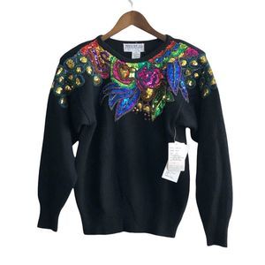 NWT Principles Petites Vintage Lambs Wool Sequin Beaded Sweater Shirt Top Black